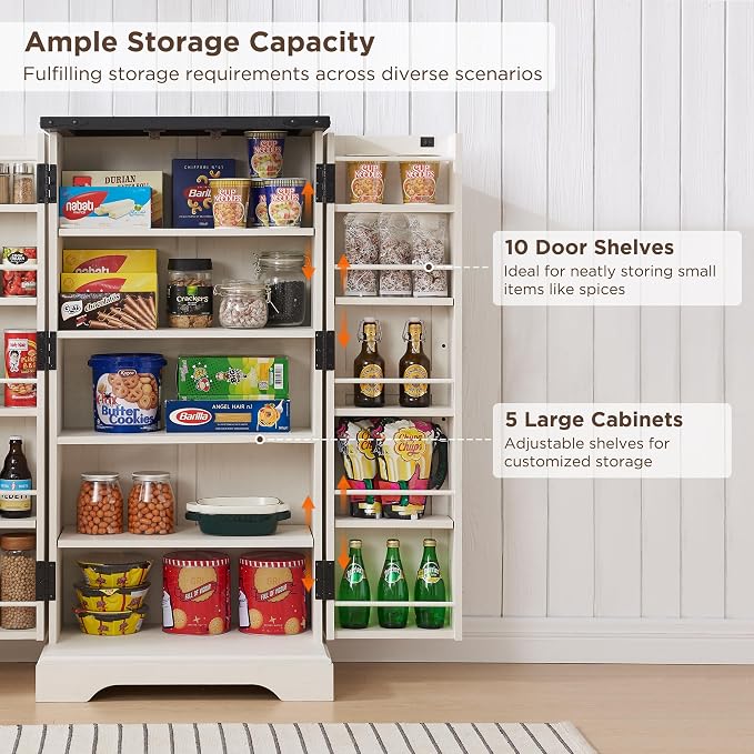 47" Tall Wooden Pantry Storage Cabinet with Door Shelves | Farmhouse, Barn Doors, Adjustable Shelves, Freestanding, Anti-tip Kit, for Kitchen, Dining Room, Living Room