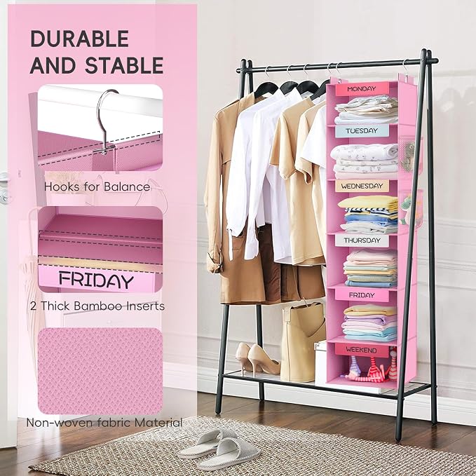 Weekly Hanging Closet Organizer for Kids, 6-Shelf Clothes Storage with Labeled Days of The Week Monday Through Friday, Weekday and Weekend, Days of the Week Clothes Organizer