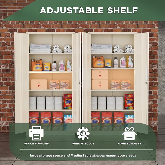 Greenvelly Metal Storage Cabinets, 72” Steel Garage Storage Cabinet with Doors and 4 Shelves, Metal Tool Cabinet, Steel Filing Cabinet for Home Office, Basement, Garage, School(Grey)
