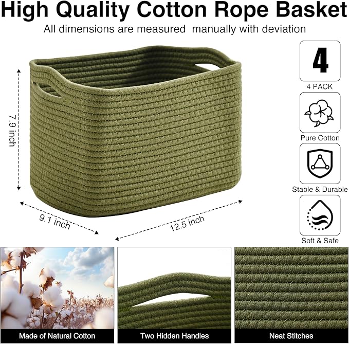 ICERZCZ Storage Basket for Shelves, Small Baskets for Organizing, Woven Cotton Rope Baskets for Storage, Book Basket, Decorative Shelf Basket, 12.5"Lx9.1''Wx7.9''H (4 Packs) Green
