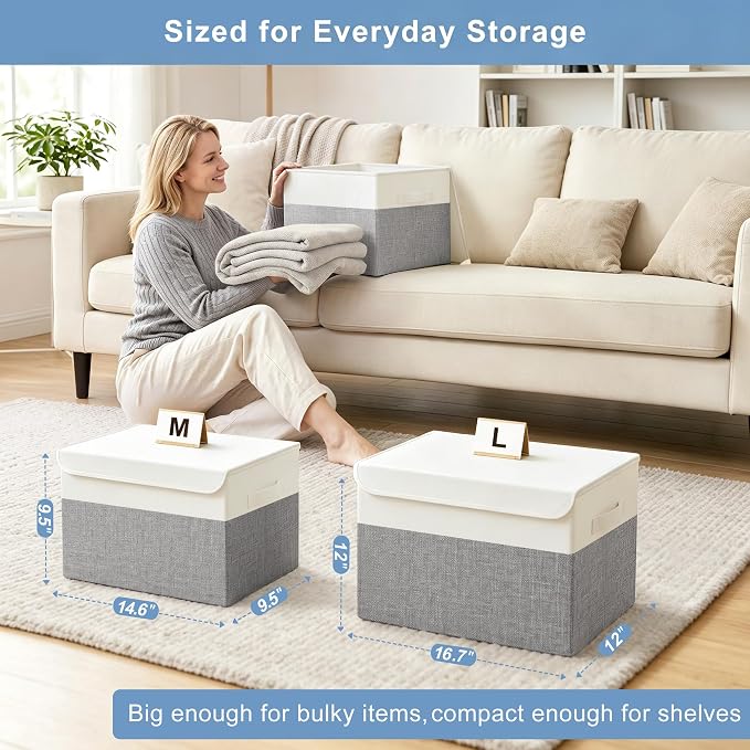 Bagnizer Large 22 Quart Linen Fabric Foldable Storage Bin Cube Organizer Basket with Flip-Top Lid & Handles, Clothes Blanket Box for Home, Office, Closet, Gray & White, 4 Pack 14.6 x 9.5 x 9.5”