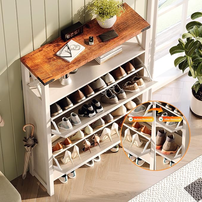 VINGLI Farmhouse Shoe Cabinet with 2 Flip Drawers, Slim Entryway Shoe Storage Organizer with Open Shelf, Freestanding Wood Shoe Rack for Hallway, Rustic White & Brown (31.5" W)