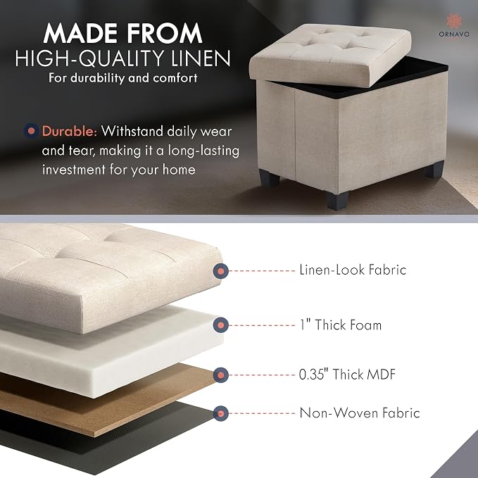 Ornavo Home Small Rectangle Storage Ottoman with Legs, 12x16x12, Beige | Foot Rest Stool Seat; Holds Up to 600 lbs; Ideal for Living Room, Bedroom, Home Office or Dorm