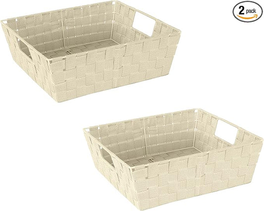 Simplify Large Shelf Woven Strap Tote | Decorative Storage Basket | Built in Handles | Organization | Closet | Bedroom | Bathroom | Nursery | Accessories | Toys | Gifts | 2 Pack | Ivory