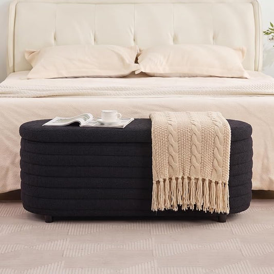 Storage Ottoman Bench Upholstered Fabric Storage Bench End of Bed Stool with Safety Hinge for Bedroom, Living Room, Entryway (45.5-inch, Black)