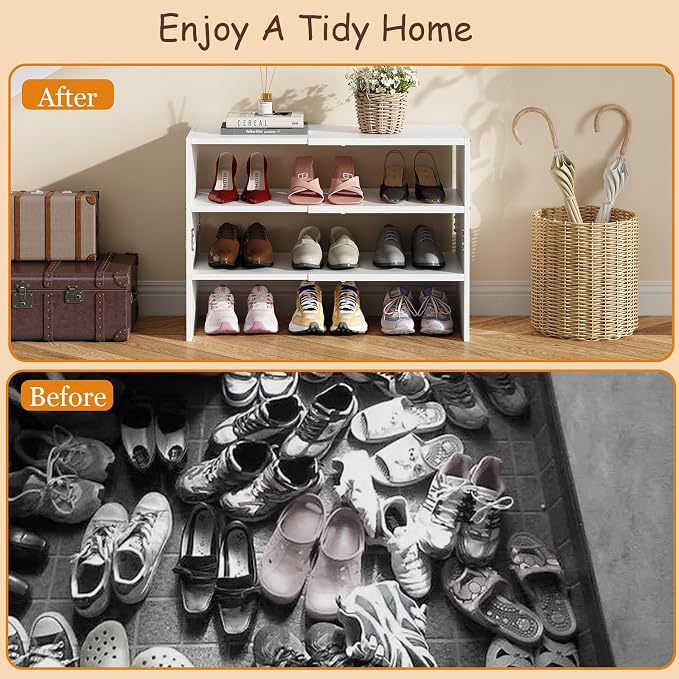 3-Tier Expandable White Shoe Rack Organizer for Closet, Stackable Shoe Racks Storage Shelf, Small Metal Wood Combination Shoe Shelves for Closets,Entryway,Front Door, Narrow Space,Hallway,8-16 Pairs