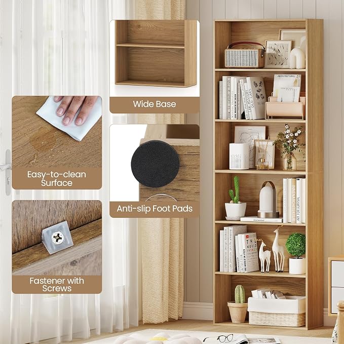 Giantex 6-Tier Bookcase Set of 2, 70" Tall Wooden Bookshelf, Freestanding Storage Organizer w/Open Shelves, Anti-Tipping Kits, Modern Floor Standing Display Shelves for Living Room,Natural