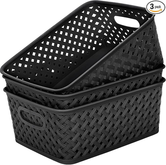MaxGear 3 Pack Plastic Storage Baskets, Medium, Black | Durable Woven Plastic with Built-In Handles, Suitable for Shelves, Closets, Cabinets, Bathrooms and Offices