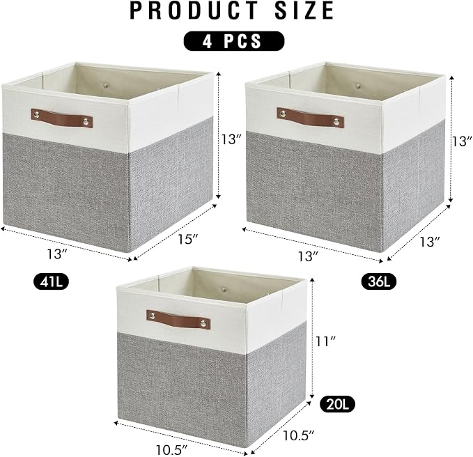 Bagnizer 13x15x13 Storage Cube Bins, Foldable Storage Organizer Baskets, Fabric Cube Storage Boxes with 2 Reinforced PU Handles for Kallax, Shelves, Living Room | 4 Pack, Gray & White