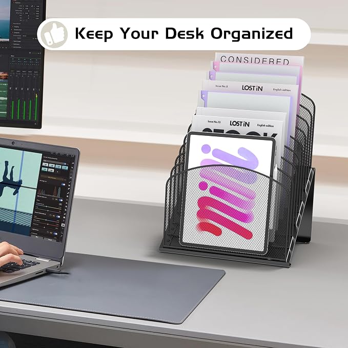Sinboun Inclined Desk File Organizer Folder Holder with 8-Section, Black | 8-Section Vertical Compartment, Sturdy Metal Mesh, File Organizer for Home, School