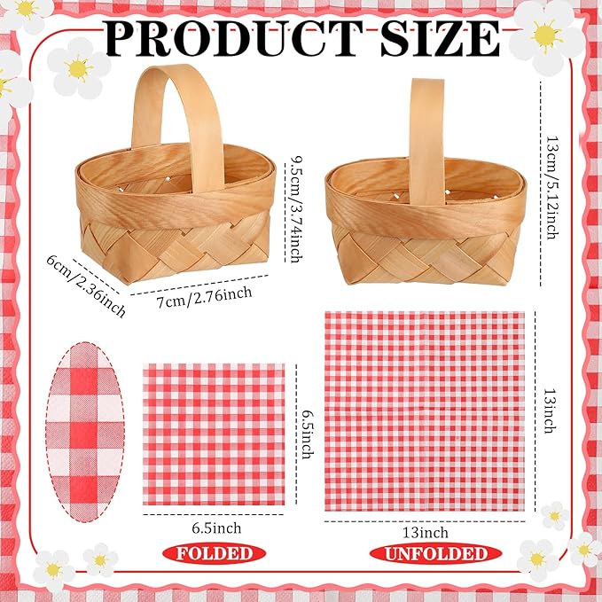 6 Pcs Summer Mini Woven Picnic Basket Party Favor Red White Gingham Paper Napkins Wood Chip Mini Flower Fruit Picnic Basket Chip for Summer Wedding Party Baby Shower Decoration (Large)