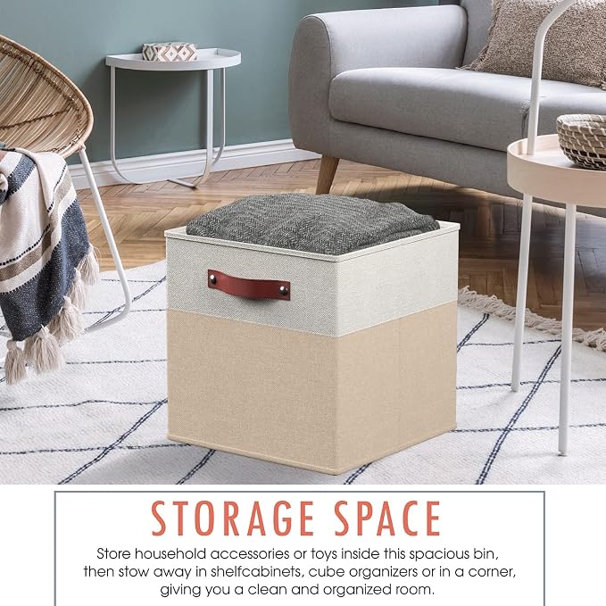 Ornavo Home 11x11 Foldable Fabric Storage Cube Bins, 6 Pack, White/Khaki | Collapsible Linen Shelf Basket Organizer; Leather Handles; Ideal Cube Storage For Closet
