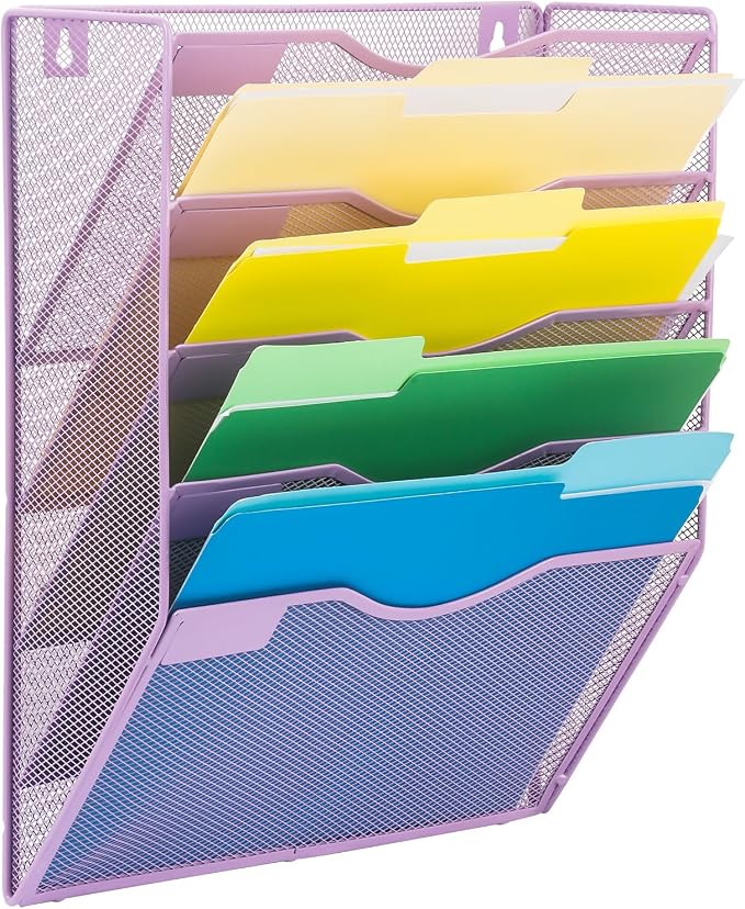 EASEPRES 5 Pocket Mesh Hanging Wall File Organizer, Wall Mounted Mail Paper Document Folder Holder, Clipboard Storage Organization Magazine Rack with Nametag Label for Office Home School, Light Purple