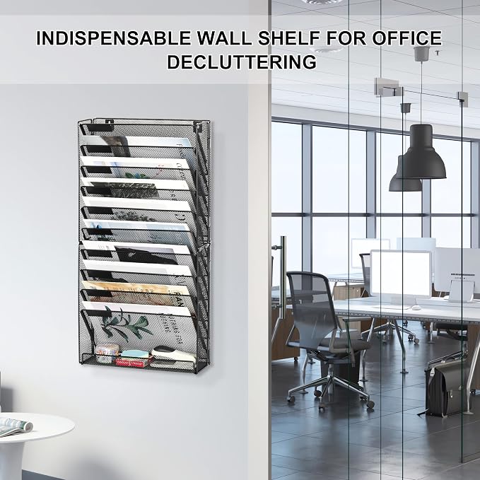 EasyPAG Wall File Holder 10 Tier Mesh Hanging Folder Organizer with Flat Tray Wall Mounted Mail Organizer Magazine Paper Desk Shelf with Nametag Label for Office Home School, Black