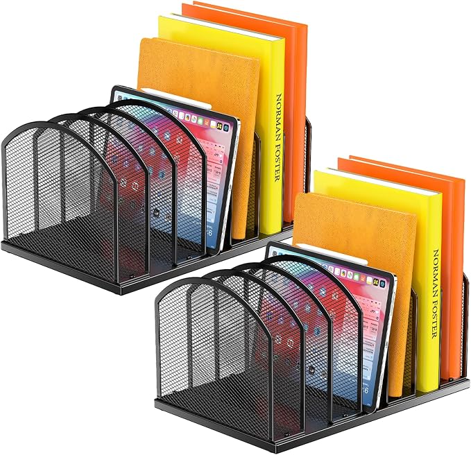 2 Pack 7-Section Metal Upright File Sorter Organizer，Office Small Letter Sorter Desktop File Organizer Metal Mesh Iron Sole, Black