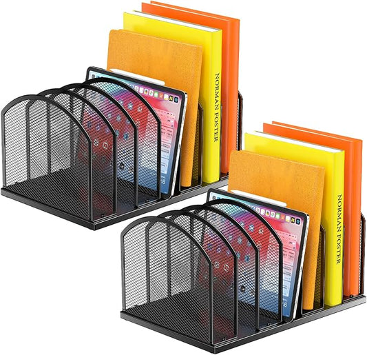 2 Pack 7-Section Metal Upright File Sorter Organizer，Office Small Letter Sorter Desktop File Organizer Metal Mesh Iron Sole, Black