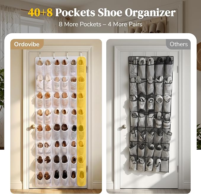 48 Pockets Over The Door Shoe Organizer, Large Mesh Hanging Shoe Rack, 6-Column Heavy Duty Shoe Storage for Sneakers and Heels, Behind Door Holder for Entryway Bedroom Dorm College, White