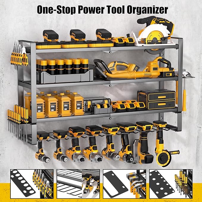 MOOMSINE Large Power Tool Organizer Wall Mount for Garage, 4-Tier Heavy Duty Metal Storage Rack Loads 400lbs, Battery Tools Hanger with 8 Cordless Drill Holders for Workshop, Pegboard, Shed