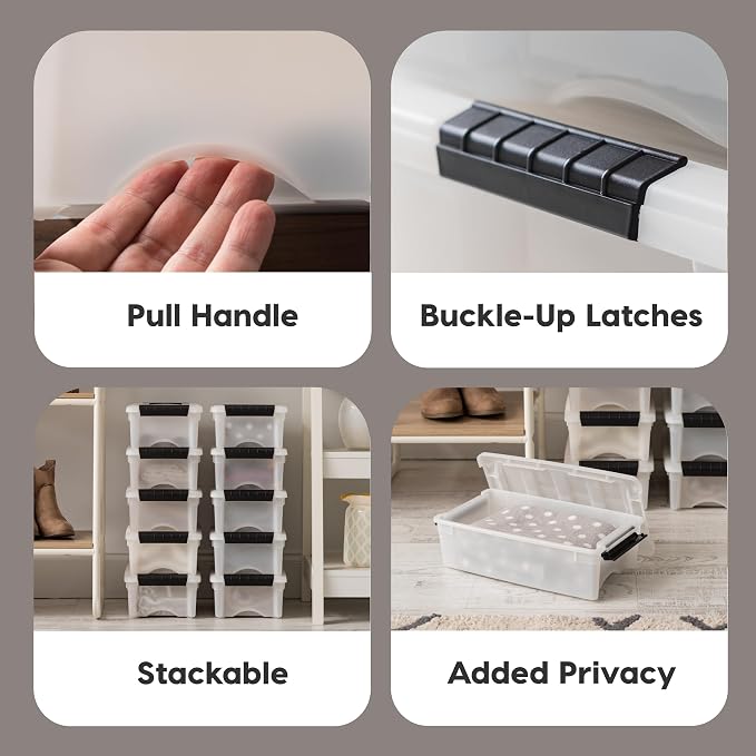 IRIS USA 10-Pack 6 Quart Storage Bins with Lids, Pearl | Conceals contents for a clean look. Ideal for shoes, photos, documents, and small essentials. Nestable design saves space