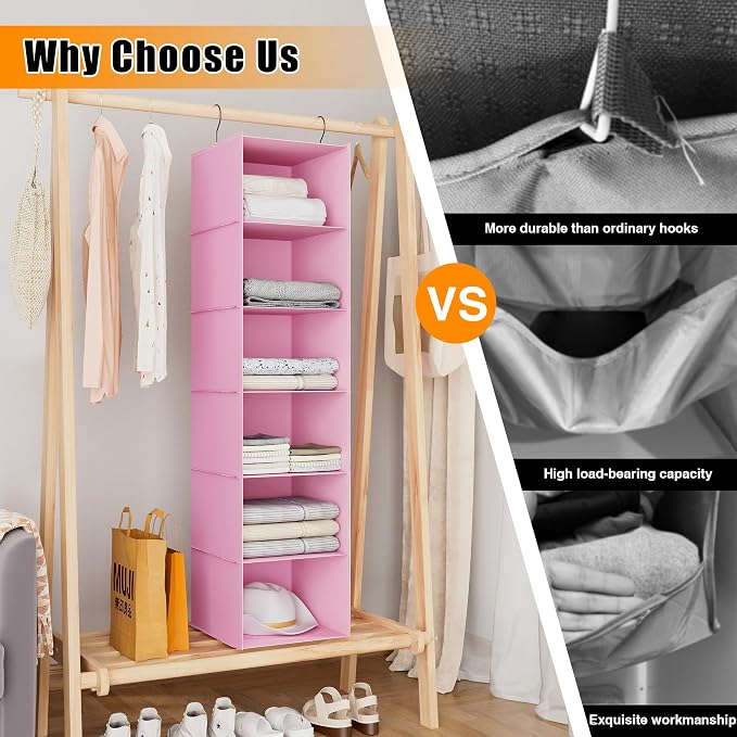 Hanging Closet Organizer 6-Shelf, Oxford Fabric Wardrobe Storage, Pink | Easy-mount foldable design holds clothes, handbags, shoes & accessories; washable Oxford fabric, sturdy and space-saving.