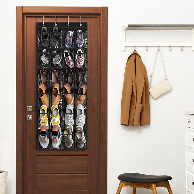 Simple Houseware 24 Pockets Large Clear Over the Door Shoe Organizer, Black | 56" x 22.5", 4 Durable Metal Hooks, 5" x 9" Pocket Size, Multipurpose