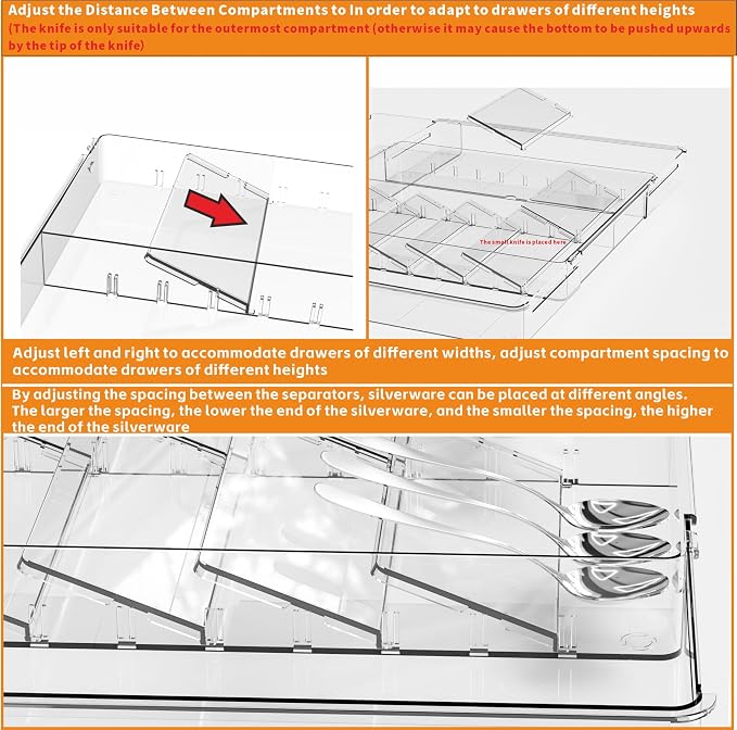 Large Expandable Silverware Organizer - Adjustable From 11'' to 21.3'' - Spatula,Gadget,Knife,Cutlery,Spoons and Forks Organizer,Clear Flatware,Silverware Tray,Utensil Organizer for Kitchen Drawers