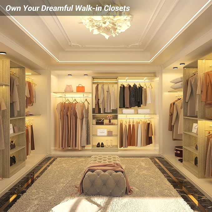 8FT Closet System with 3 Wooden Storage Shelves, 96'' Closet Organizer System with 3 Hanging Rods, Wall Mount Wardrobe Walk-in Closet, Adjustable Garment Rack from 5 to 8FT (Cut to Fit), White Oak