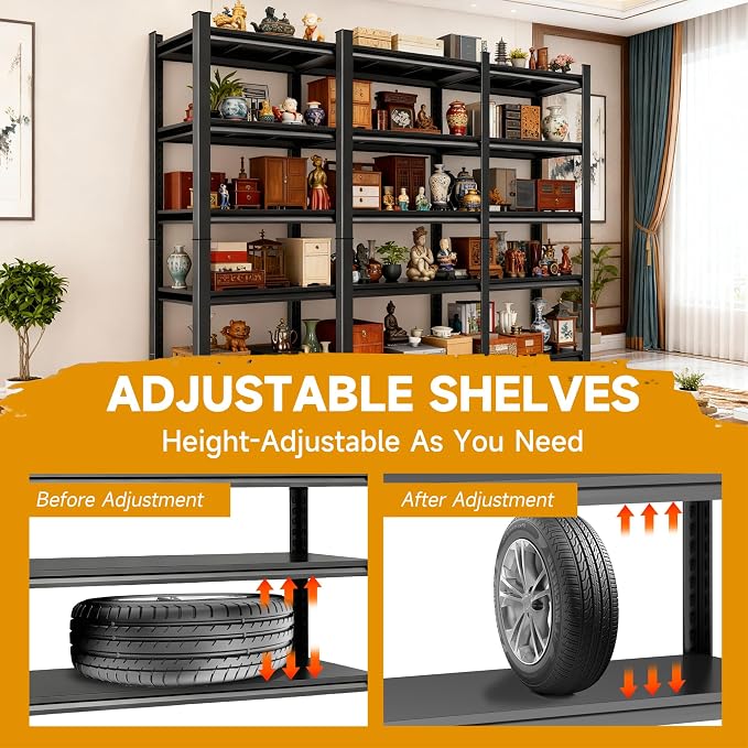 Garage Shelving,2-in-1 Adjustable Storage Shelves with Guard | 3300LBS Capacity Heavy Duty Shelving,Metal Shelf Reinforced Double-Layer Columns for Garage Basement Kitchen Black