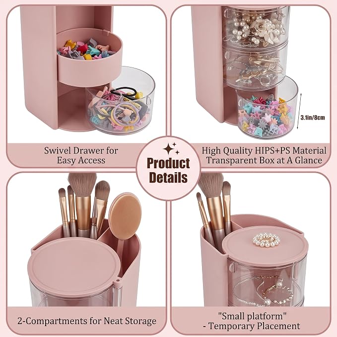 Makeup Organizer, 3-Tier Pink Cosmetic Organizer Dustproof Rotating Makeup Brush Holder, 18.2cm Height Desktop Storage Box For Vanity Countertop Eyebrow Pencils Powder Puffs And Office Pen Storage