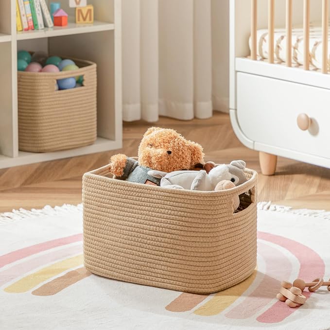 4 Pack Storage Baskets for Organizing, Shelf Baskets with Handles, Brown | 14.5"Lx9.8"Wx9"H, Woven Basket, Cotton Rope Basket, Toy Storage, Cube Shelf, Gift Baskets Empty, Home Decor
