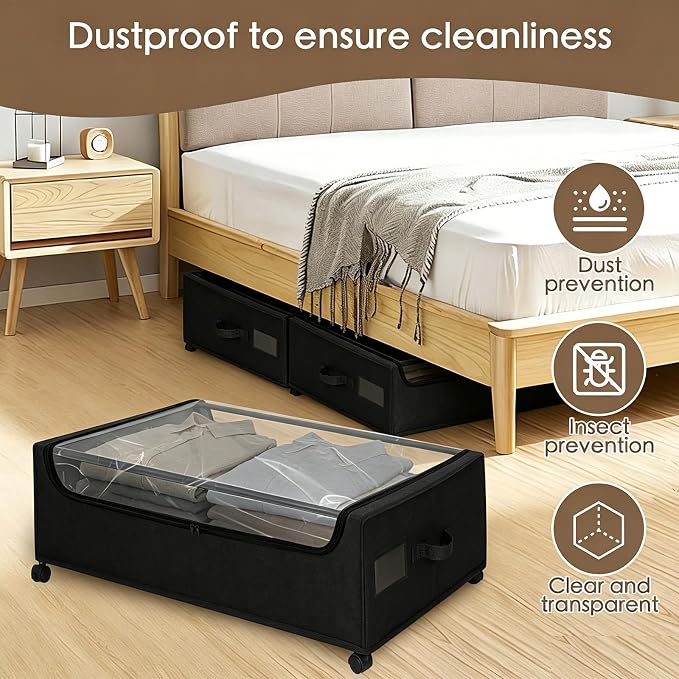 Under Bed Storage with Wheels, 2-Pack Under the Bed Storage Containers with Clear Lids & Label, Underbed Storage Bins, XXXL 85L 11 inches Rolling Metal Drawer for Clothes, Shoes, Toys, Books - Black