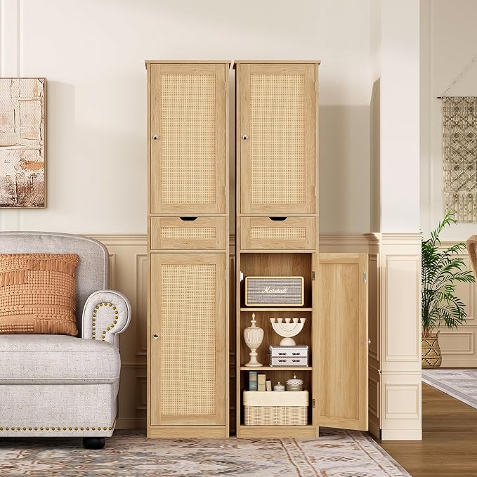 67" H Tall Storage Cabinet with 2 Rattan Doors and 1 Drawer, Narrow Rattan Cabinet with Adjustable Shelves, for Living Room, Entryway, Kitchen, Natural