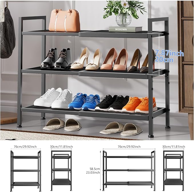 3 Tier Shoe Rack, Expandable Shoe Rack for Closet, Adjustable Shoe Organizer for Entryway, Shoe Storage Organizer for Door Entrance, Garage, Bedroom