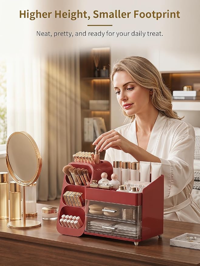 Booklov Large Makeup Organizer for Vanity Countertop, Red | Clear Acrylic Cosmetic Display Case, Beauty Brush Holder for Bathroom Counter, Make Up Skincare Lipsticks Storage