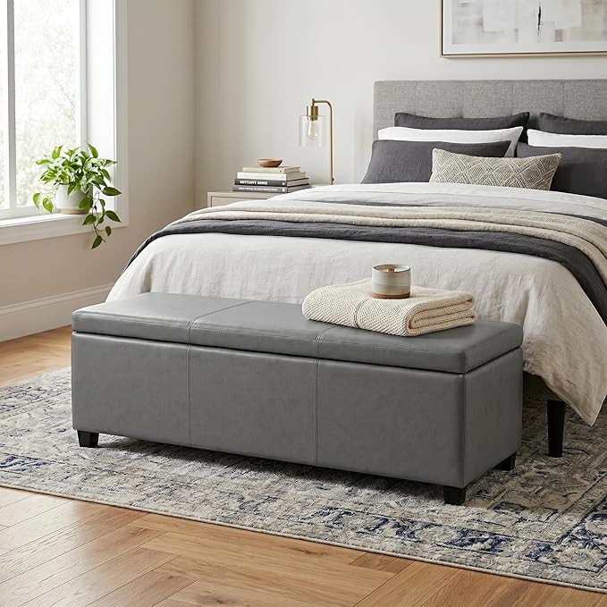 SIMPLIHOME Avalon Storage Ottoman Bench - 48" Wide x 16" High Upholstered Vegan Leather Rectangular Lift-Top Ottoman in Stone Grey, Contemporary Storage Bench for Living Room with High-Density Foam