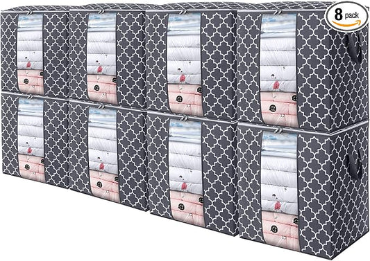 WISELIFE Storage Bags 8 Pack/100L Large Blanket Clothes Organization and Storage Containers for Comforters,Bedding, Foldable Organizer with Reinforced Handle, Clear Window, Sturdy Zippers,Gray