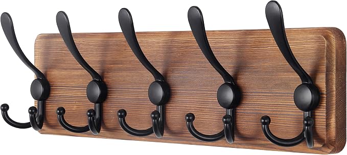 SKOLOO Rustic Coat Rack Wall Mount, 16" Stud Spacing, Solid Wood, Brown | Farmhouse style, 5 Triple Hooks, 100lbs capacity, for backpack jacket coat hat, wall mount, hardware included,rustproof hooks