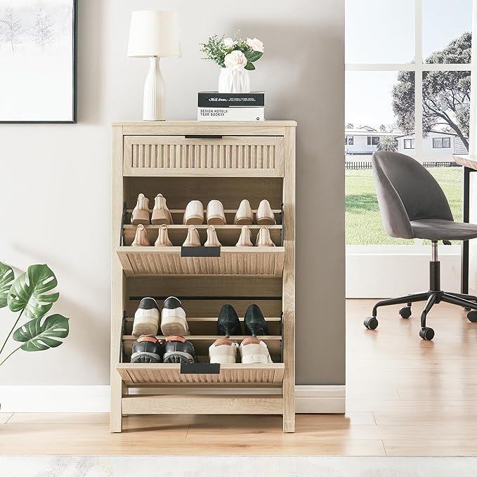 2-Flip Drawer Shoe Cabinet Narrow Entryway Rack, Oak | Vertical Wood Grain, Metal Handles, Adjustable Compartments, Removable Shelf, Anti-Tip Device, for Hallway Foyer Entryway