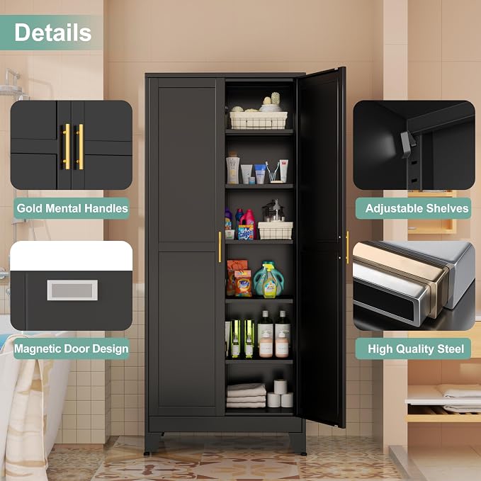 Metal Pantry Cabinet with 2 Doors and 5 Adjustable Shelves, 75"Kitchen Storage cabinets with Gold Handles, Versatile Storage for Laundry Room, Living Room, Bathroom, Dinning Room, Utility Room-Black
