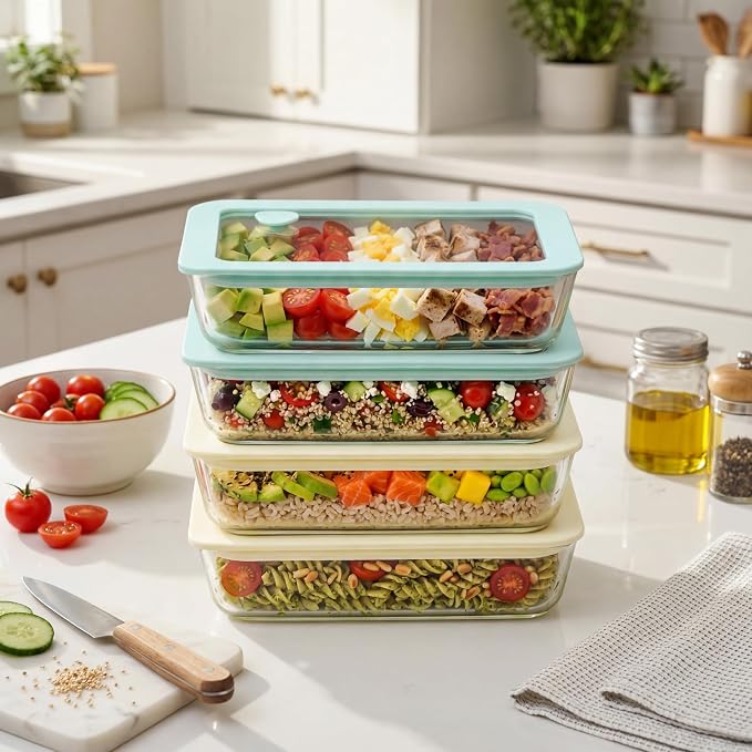 Glass Food Container Set with Glass Lid, 4 Pack, Food Storage Containers with Airtight Lid, LeakProof, 100% Plastic Free, Meal Prep Container Set