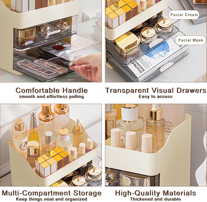 DASITON Makeup Organizer with 2 Drawers, Large Capacity Makeup Cosmetic Organizers for Vanity Dresser Bathroom Countertop, Vanity Organizer Makeup Storage Box for Skincare, Eyeshadow, Lotions (Cream)