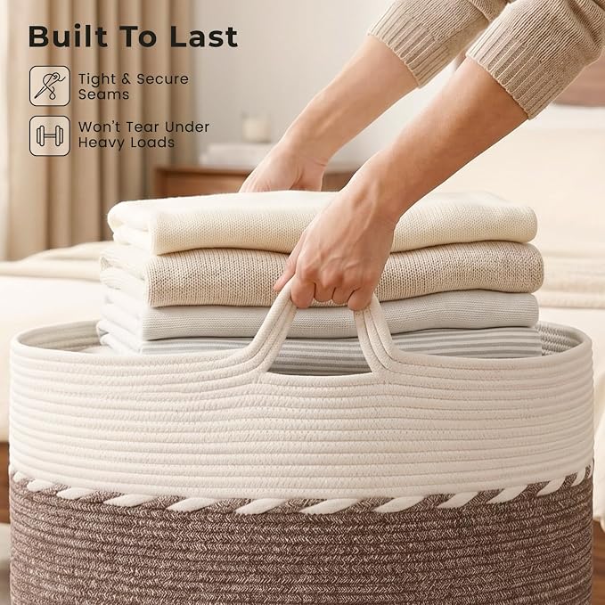 OIAHOMY 90L Extra Large Blanket Basket - Decorative Cotton Rope Storage Basket for Bedroom, Living Room & Nursery - Woven Laundry Hamper for Organizing Blankets, Clothes & Toys - Gradient Brown