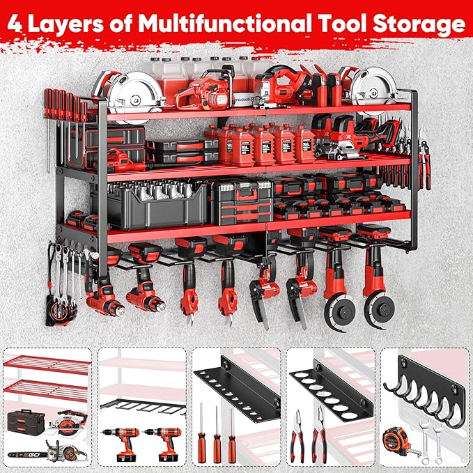 POKIPO Upgrade Large power tool organizer Wall Mount,4 Layers Heavy Duty Metal Loads 400lbs Power Tool Hanger Shelf Battery Storage with 8 Cordless Drill Bit Holder,Utility Racks for Garage Tool Room