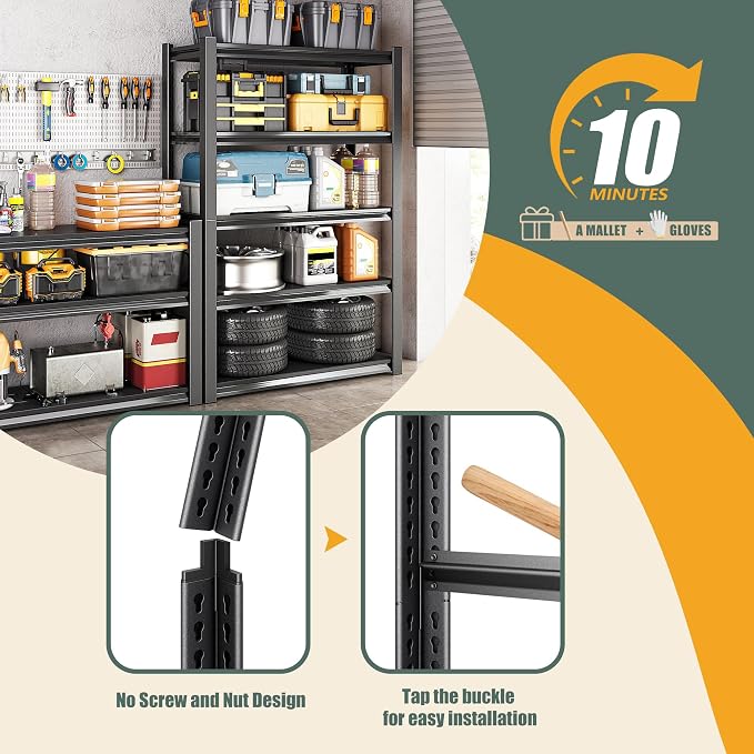 48" W Garage Shelving Heavy Duty, 5-Tier Metal Storage Racks, 2800LBS Loads, Adjustable Shelves, Black