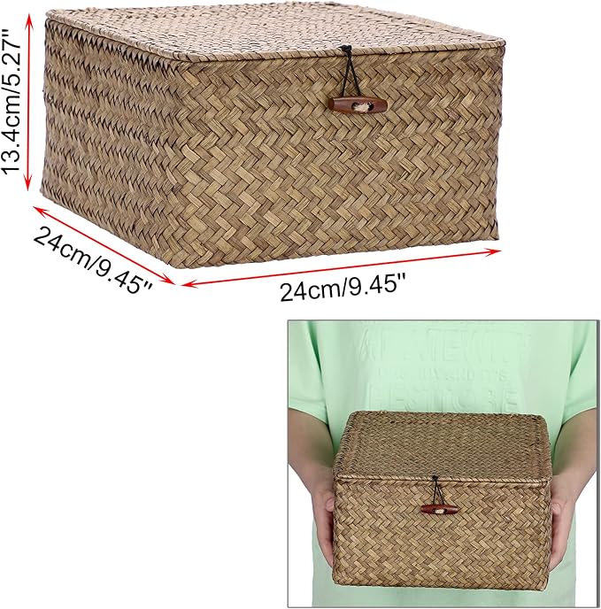 Hipiwe Wicker Shelf Baskets Bin with Lid Handwoven Seagrass Storage Basket Container Square Multipurpose Household Basket Boxes for Shelves and Home Organizer, Coffee Medium