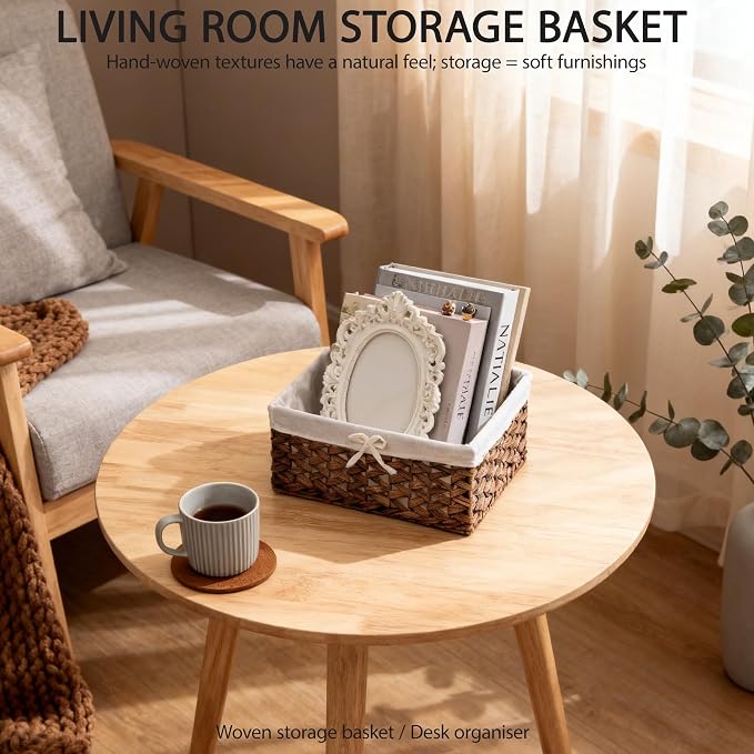 Water Hyacinth Storage Basket Small with Metal Frame & Removable Liner, 11.8”×7.9”×5.5” Rectangular Woven Organizer Bin for Bathroom Vanity, Desk, Nursery, Closet, Home Organization