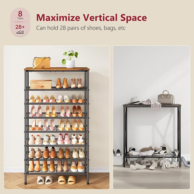 8 Tier Shoe Rack for 28-32 Pairs of Shoes, Rustic Brown & Black | Sturdy & Durable, X Shape Fixed Frame, Metal Mesh Shoe Shelf, Industrial, For Closet, For Entryway Shoe Storage