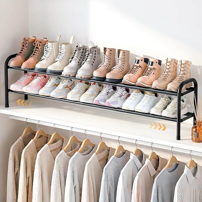 ENJOYBASICS 2 Tier Expandable Shoe Rack for Closet, Small Metal Shoe Organizer, 12 Pairs, Black