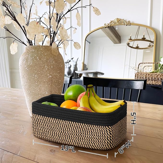 Goodpick 3-Pack Wicker Storage Baskets for Organizing, 13 x 8 x 5 in | Woven Baskets for Shelves, Closet Organizer Bins, Empty Baskets for Gifts,Woven Basket for Play Room, Black & Jute