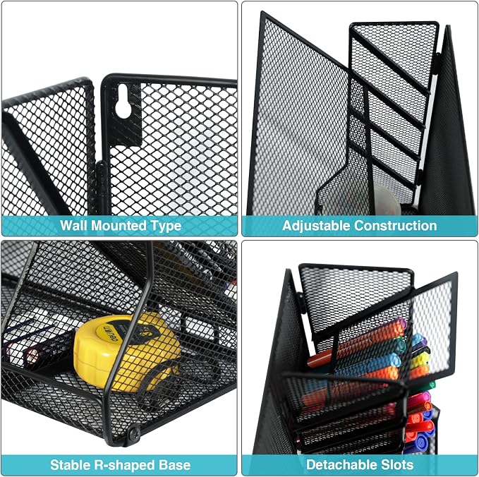 Jakyitvi Adjustable 5 Tiers Wall File Organizer Metal Hanging Holder Black | 5 tiers desk paper organizer, folder holder wall mount, mail organizer for home office, hanging document tray
